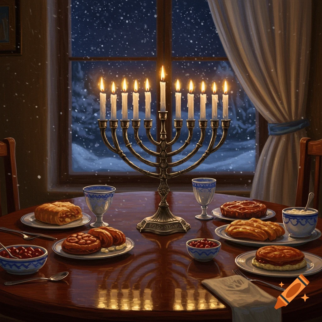 A vibrant painting of a lit Hanukkah menorah surrounded by food on a table, with snow falling outside a window at night.