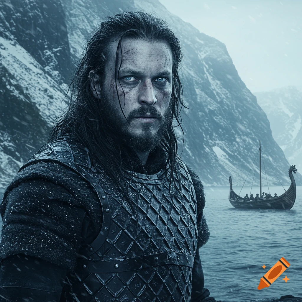Photorealistic portrait of a Viking man with long hair, beard, and blue eyes in armor, with a Viking ship and snowy mountains.