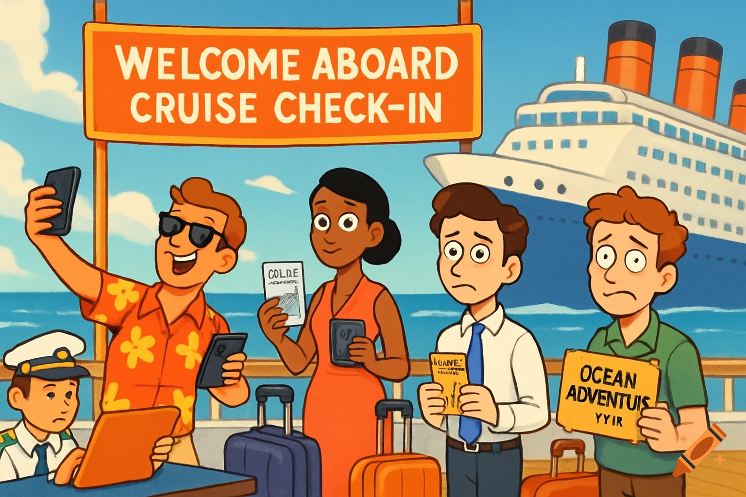 A colorful cartoon of people at a cruise ship check-in. A man in a tropical shirt takes a selfie. A woman holds a ticket. Two nervous men hold garbled tickets. A large cruise ship is in the background.