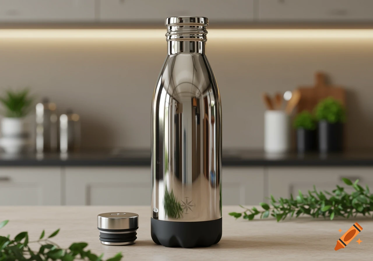 A shiny stainless steel water bottle with a black base and its cap beside it, on a counter in a modern kitchen with green foliage.