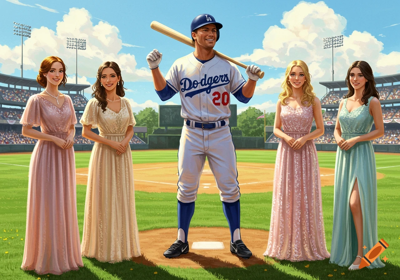 An illustration of a smiling male baseball player in a Dodgers uniform holding a bat on a baseball field, flanked by four women in elegant dresses.