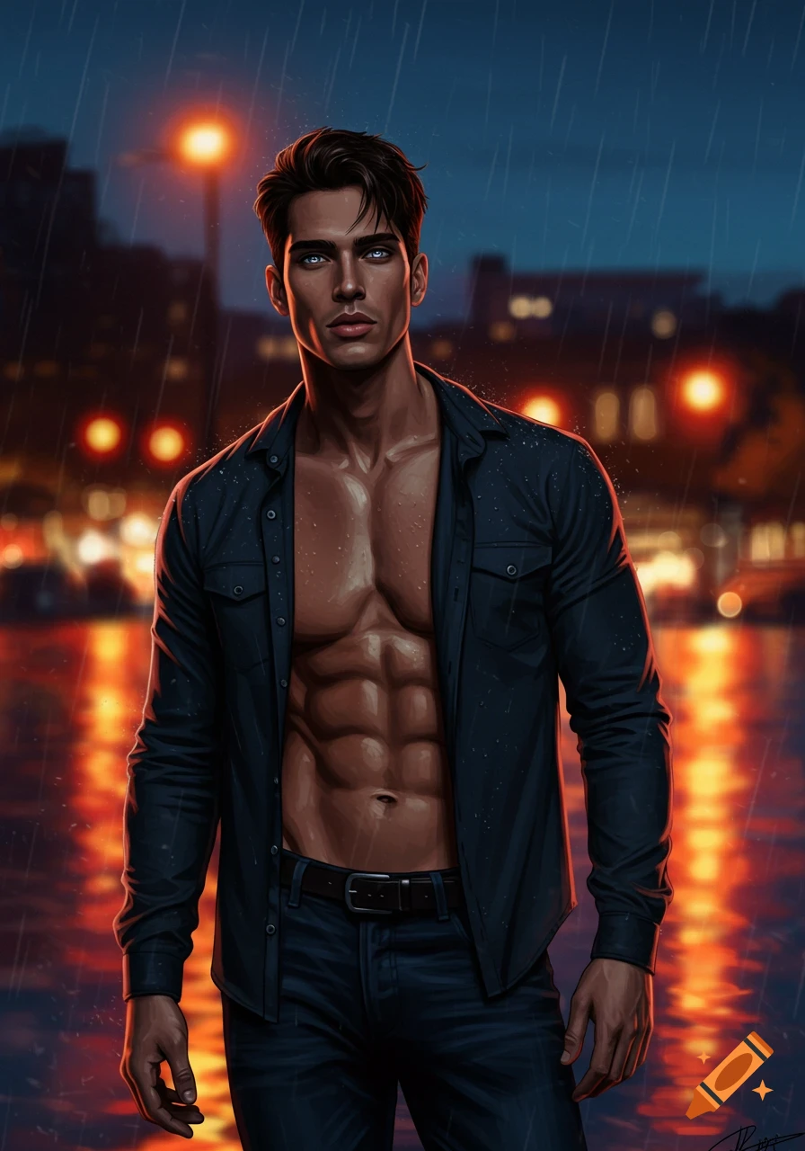 A muscular man with dark hair and striking blue eyes stands in the rain with an open shirt, revealing his abs, against a city lights background.
