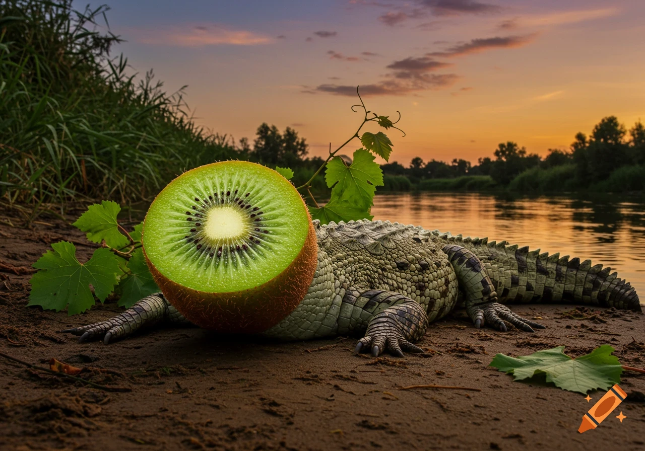 A large kiwi fruit cross-section is merged with the body of a crocodile lying on a dirt bank by a river at sunset. Photorealistic style.