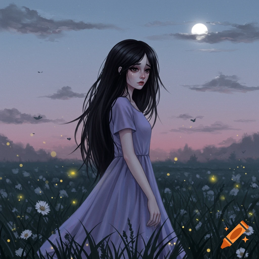A melancholic girl with long black hair and a purple dress stands in a field of white flowers and fireflies under a full moon at dusk. Illustration.