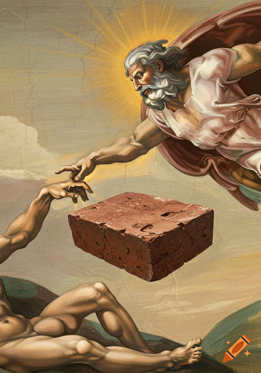 A fresco parody of Michelangelo's Creation of Adam, with God handing Adam a brick.