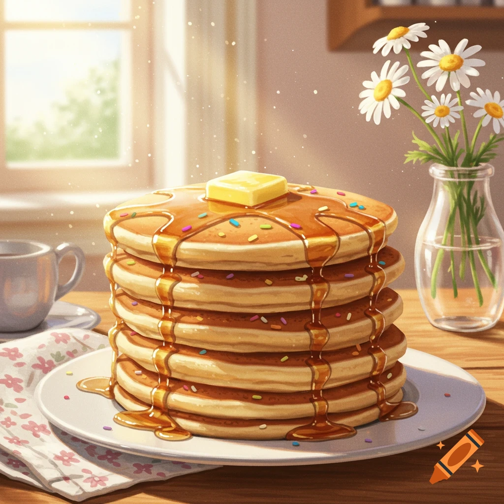Illustrated stack of pancakes topped with butter, syrup, and colorful sprinkles on a plate. A mug and daisies are nearby in a sunlit room.