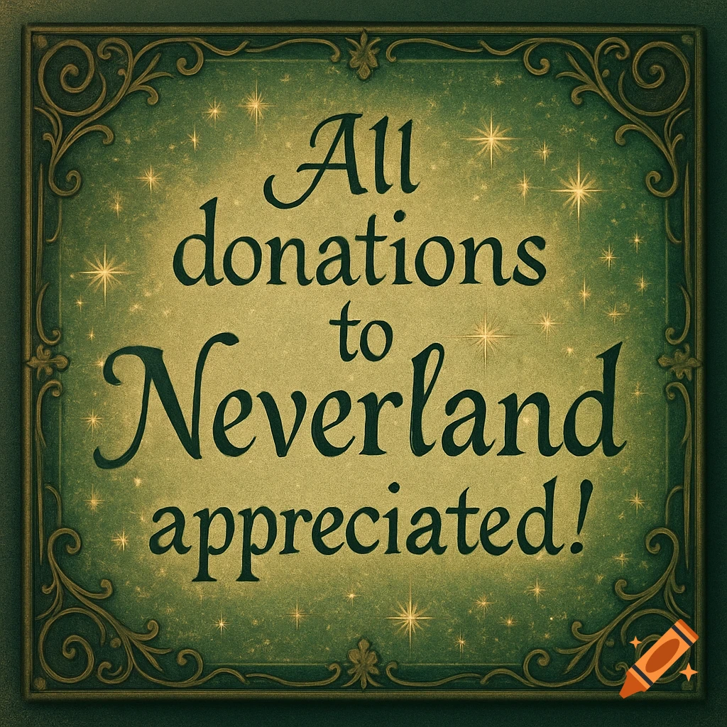A vintage-style green and gold sign with ornate borders and sparkling lights reads 'All donations to Neverland appreciated!'