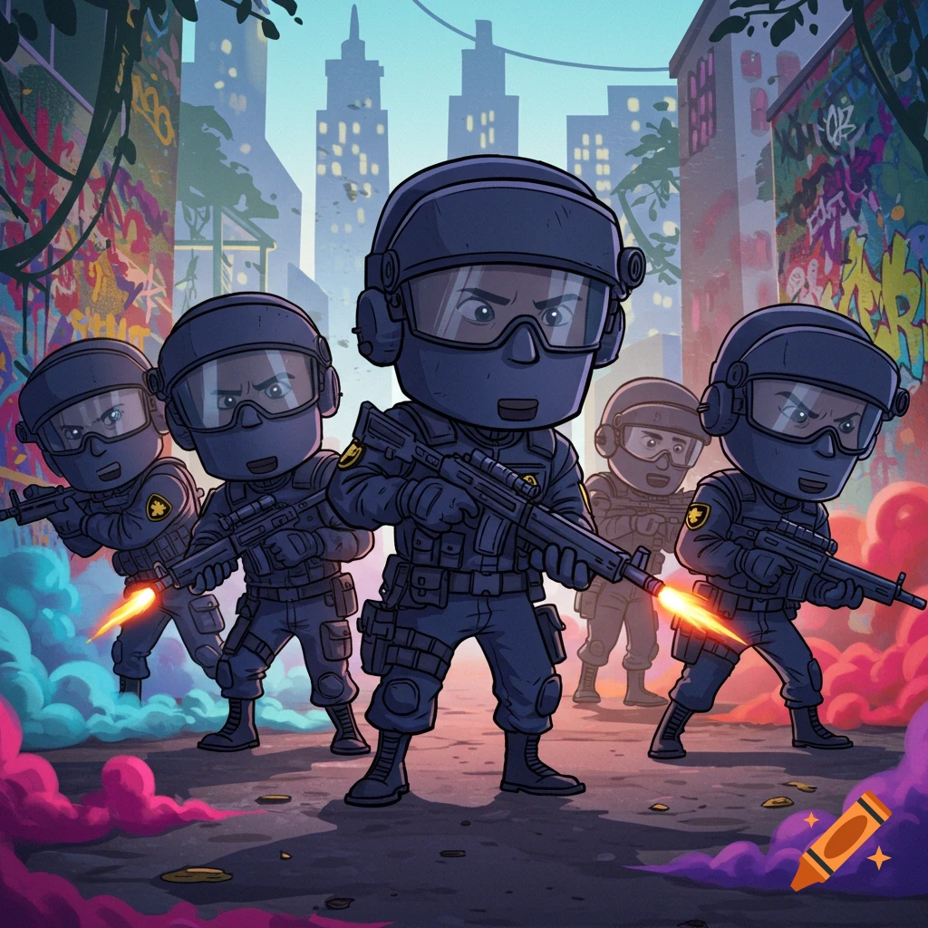 A cartoon SWAT team stands in a graffiti-filled urban alley with colorful smoke and muzzle flashes from their rifles.