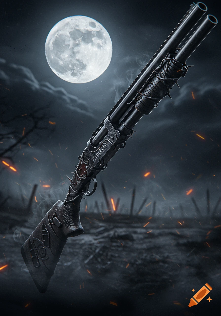 A stylized, evil-looking shotgun with barbed wire and spikes, set against a dark, desolate landscape under a full moon with glowing embers and smoke.