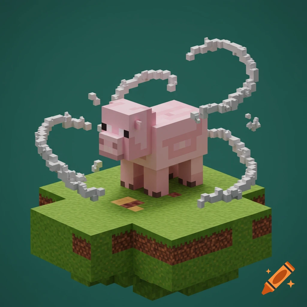 A blocky pink pig, reminiscent of Minecraft, stands on a floating grass block, surrounded by pixelated white swirls, against a dark teal background.
