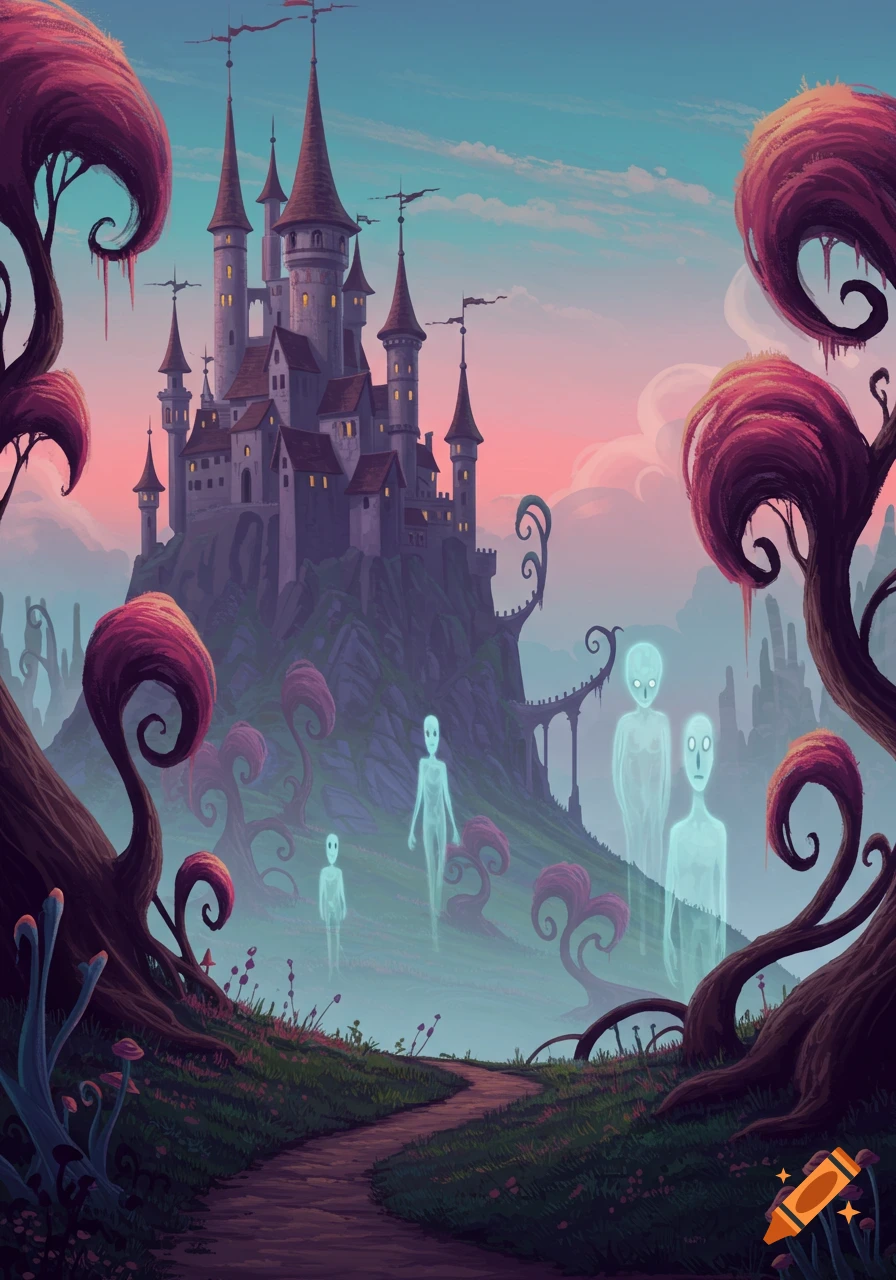 A mystical castle overlooks a surreal landscape with glowing ghost-like figures and strange, curled pink trees under a pink and blue sky.