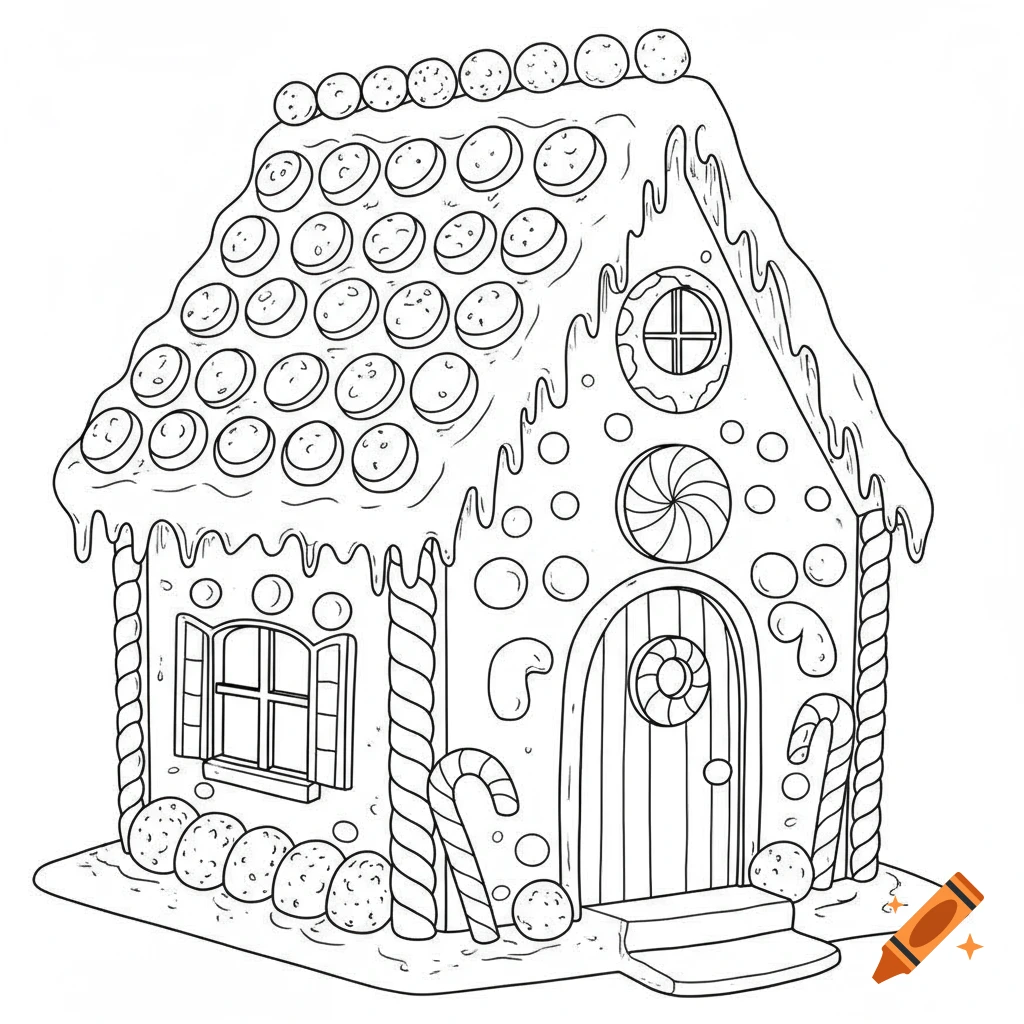 A black and white line art illustration of a gingerbread house decorated with candies and candy canes, in a coloring book style.