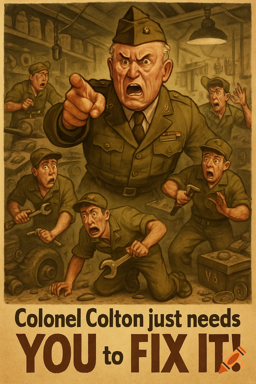 An angry Colonel Colton points and yells at five scared mechanics in a chaotic military repair shop, with the text 'Colonel Colton just needs YOU to FIX IT!' in a 1940s propaganda poster style.
