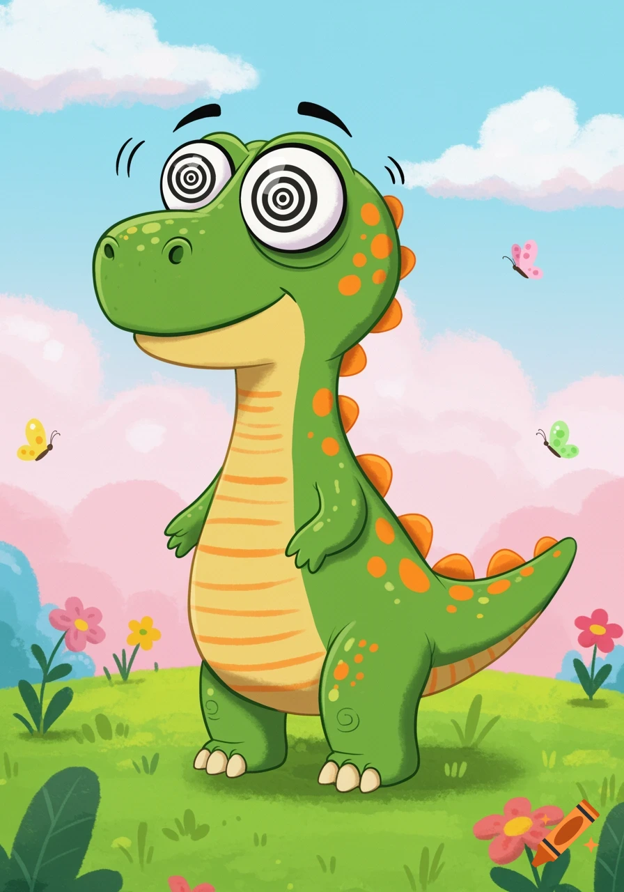 A cute green cartoon dinosaur with swirly eyes stands in a field with flowers and butterflies.