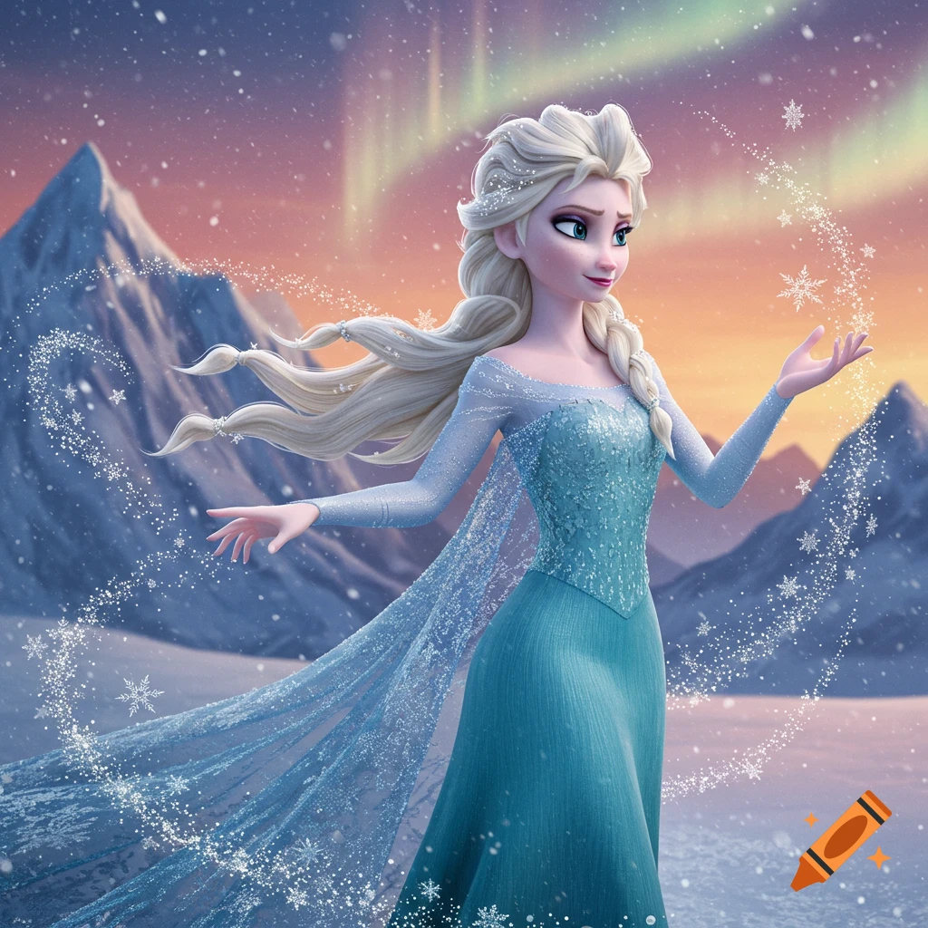 Elsa from Frozen in her shimmering blue dress, casting ice magic amidst a snowy mountain landscape with an aurora sky.