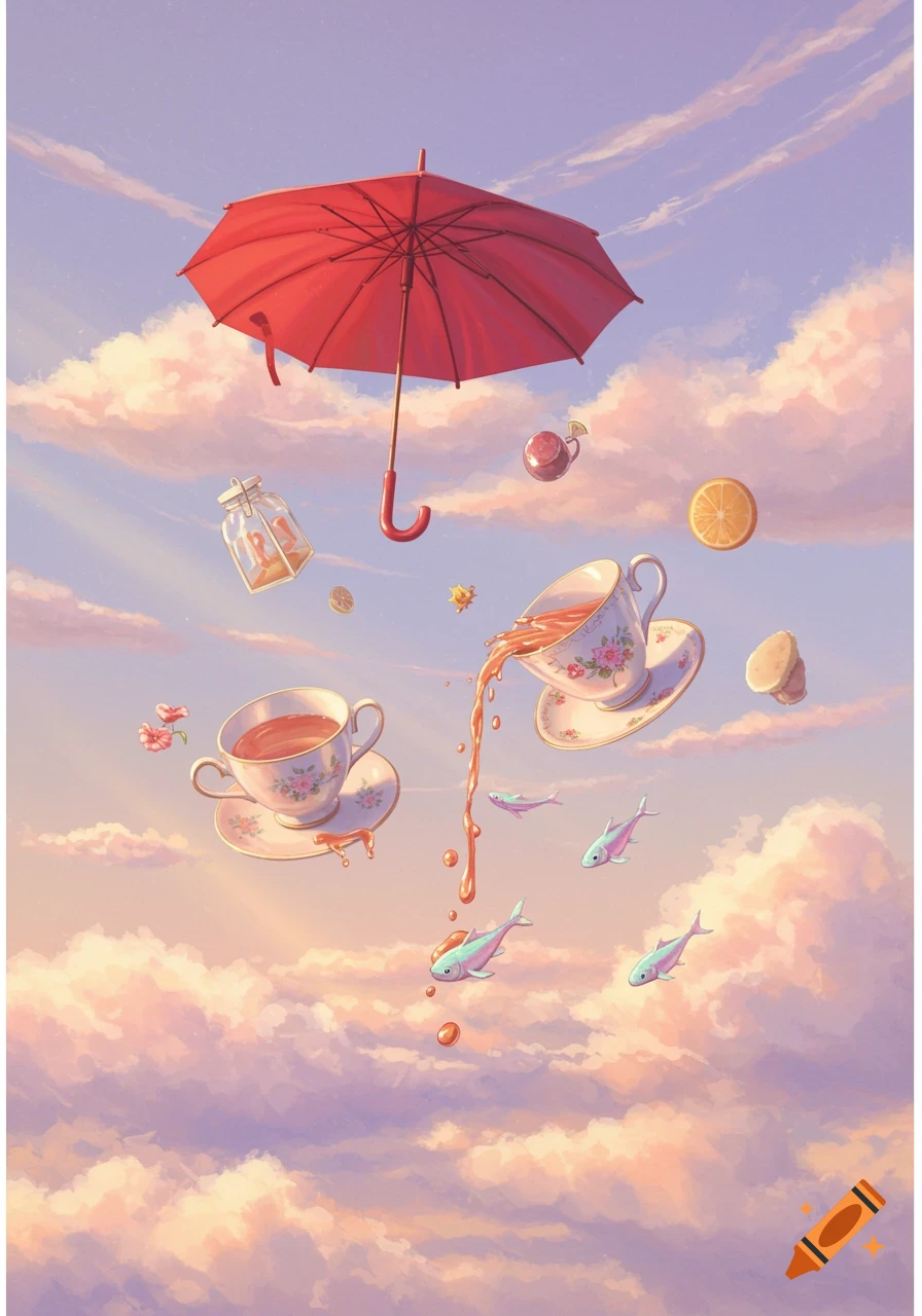 A surreal, painterly scene of a red umbrella, teacups pouring tea, and fish floating among pink and purple clouds.