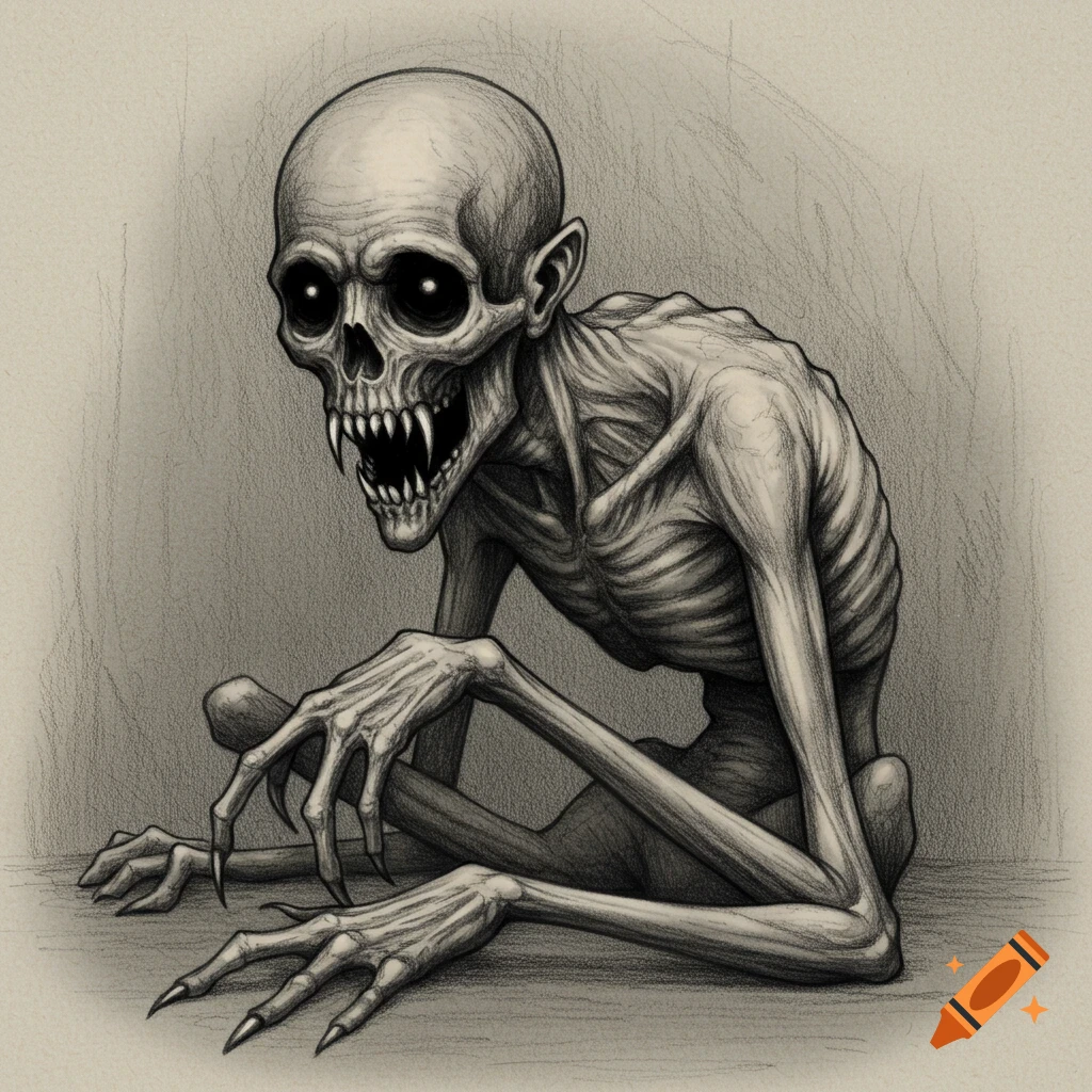 Pencil sketch of a hairless, skeletal creature with black sunken eyes and long sharp teeth, crouching.