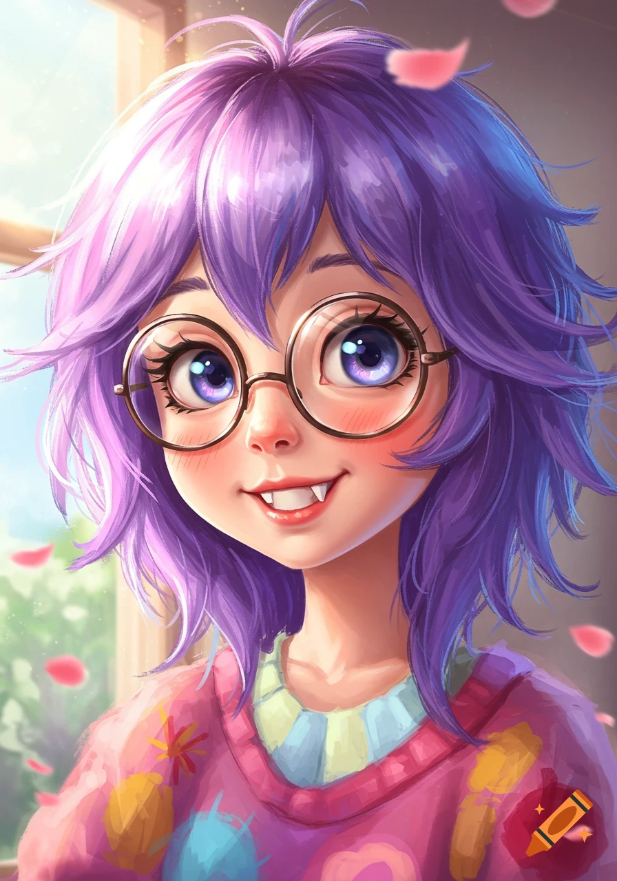 A smiling dorky anime girl with messy purple hair, round glasses, and a snaggletooth, wearing a pink sweater. Sunlight and pink petals are in the background.