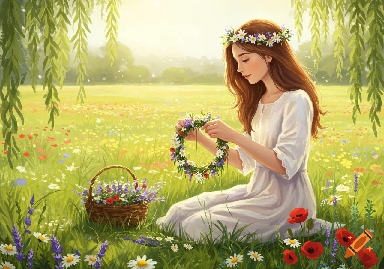 A girl sits in a vibrant flower field, weaving a flower wreath, with a basket of flowers beside her under weeping willow branches.