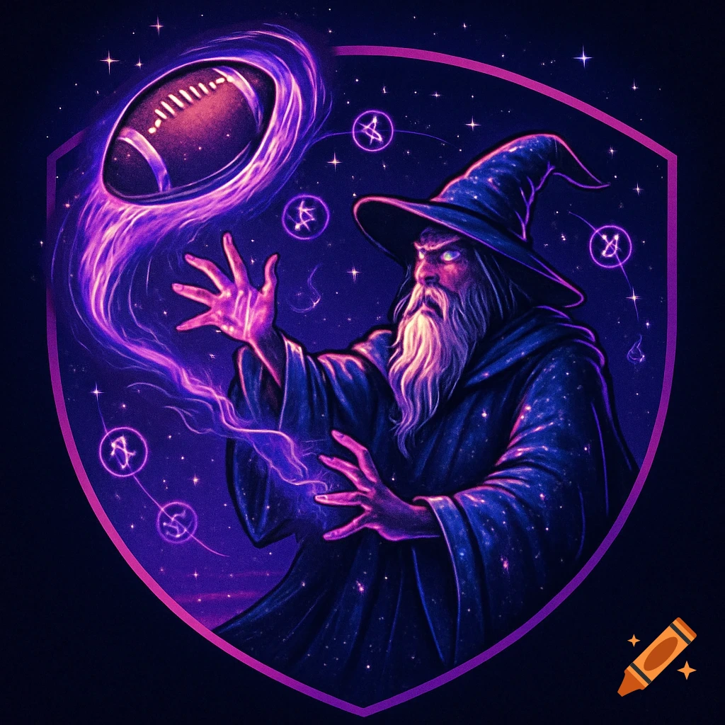 A cosmic digital art illustration of a wizard in a starry robe casting magic on an American football within a purple shield.
