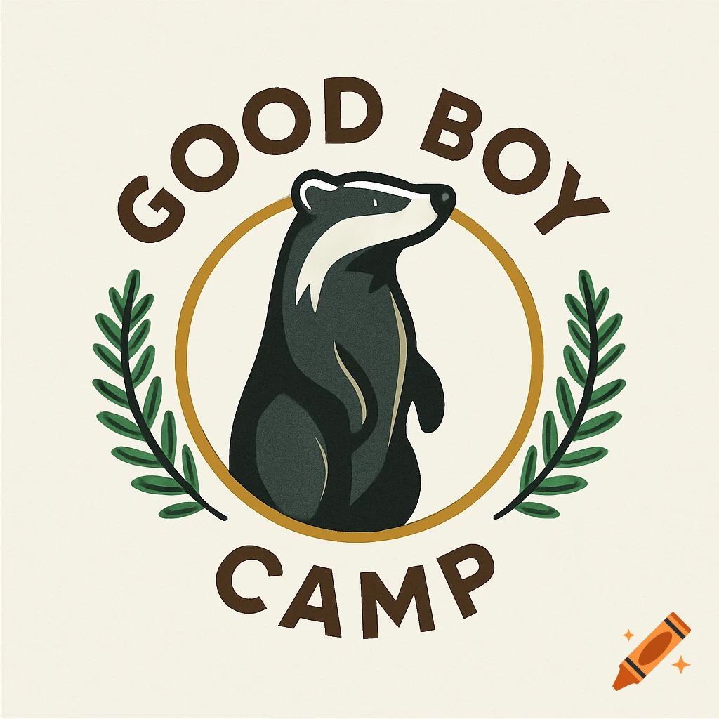 A minimalist logo featuring a badger standing in a gold circle, flanked by green leaves, with 'GOOD BOY CAMP' text.