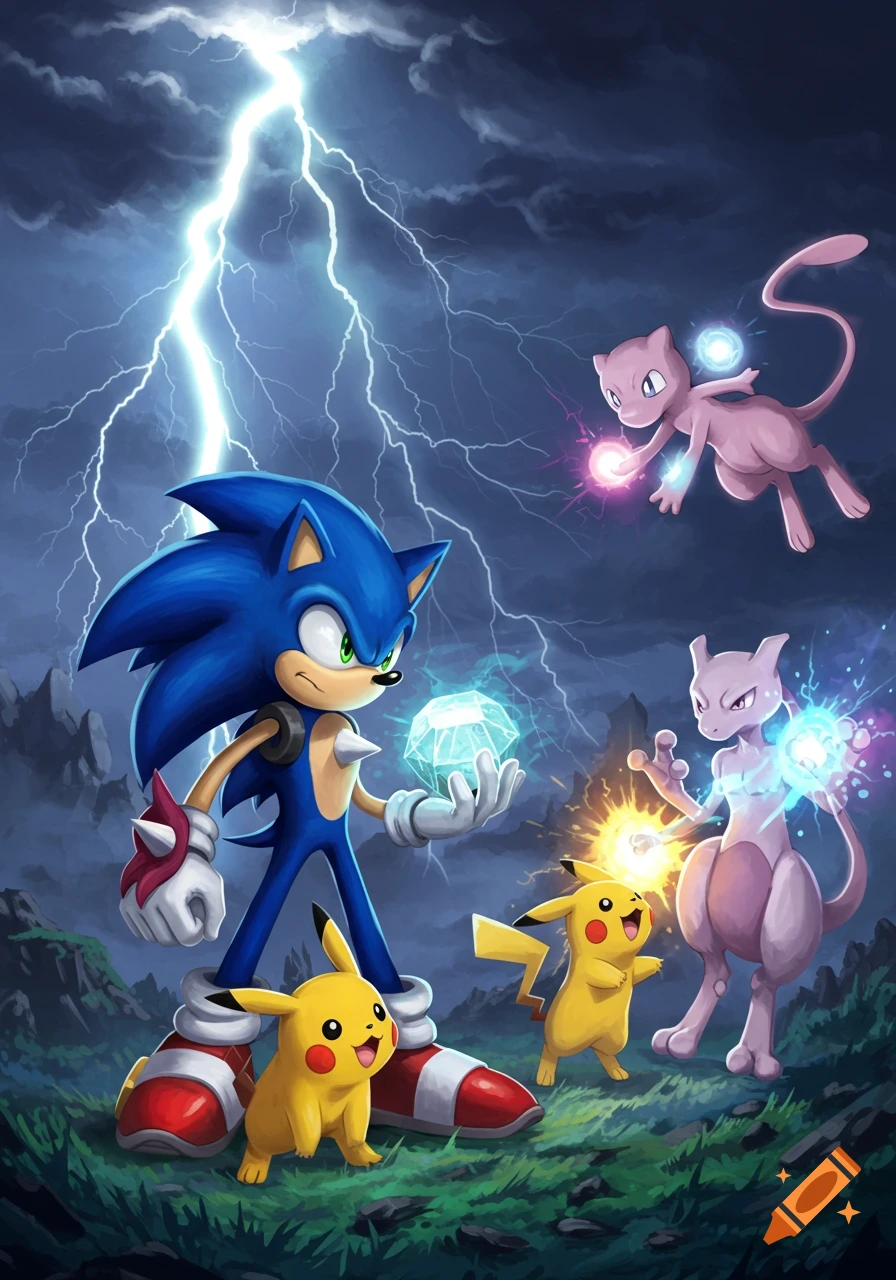 Sonic the Hedgehog holds a blue crystal, standing with two Pikachu as Mew and Mewtwo float and stand against a stormy, lightning-filled sky.