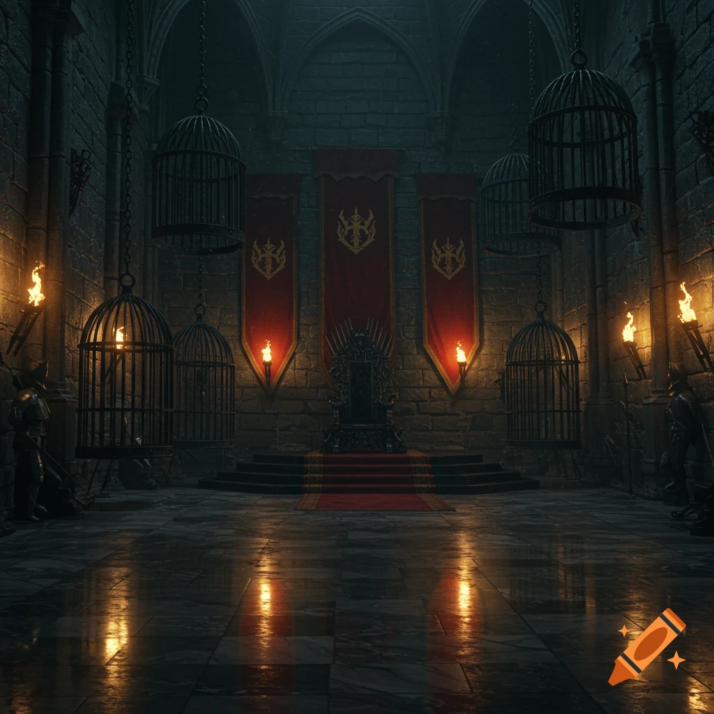A grand medieval throne room with a dark iron throne, hanging cages, and flickering torches illuminating the stone walls and polished floor.