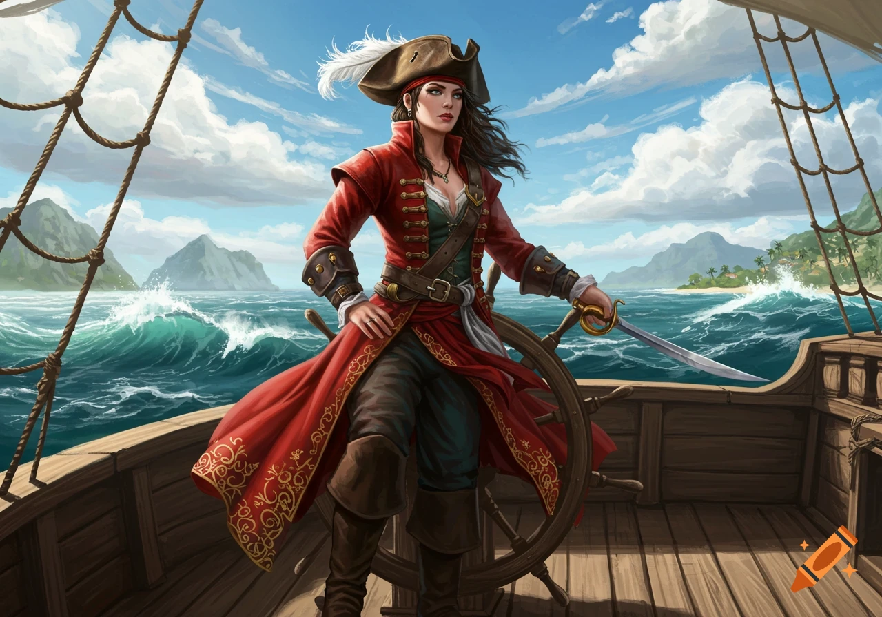 A female pirate in a red coat and feathered hat stands on a ship's deck, holding a sword by the wheel, with stormy seas and islands behind her.