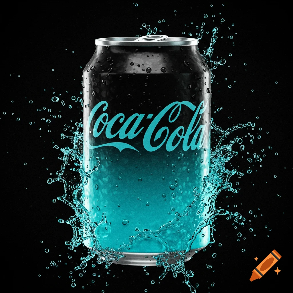 A black Coca-Cola can with a turquoise gradient is surrounded by water splashes and droplets on a black background. Photorealistic style.