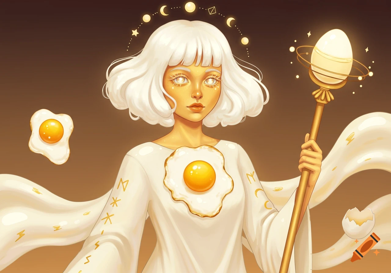 A stylized illustration of a female figure with white hair and golden skin, wearing a white robe with a fried egg on her chest and holding an egg-topped staff. Golden symbols adorn her robe and a halo of moons and stars surrounds her head.