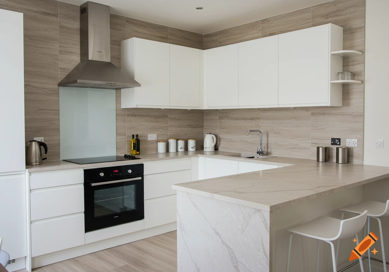 A modern L-shaped kitchen with white cabinets, beige marble countertops, and light brown wall tiles.