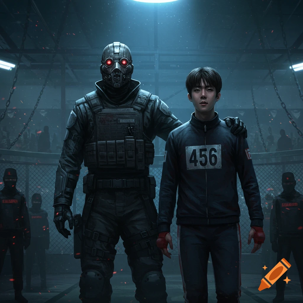 A man in a tactical suit and mask stands with his arm around a man in a tracksuit with the number 456, in a dark, ominous arena.