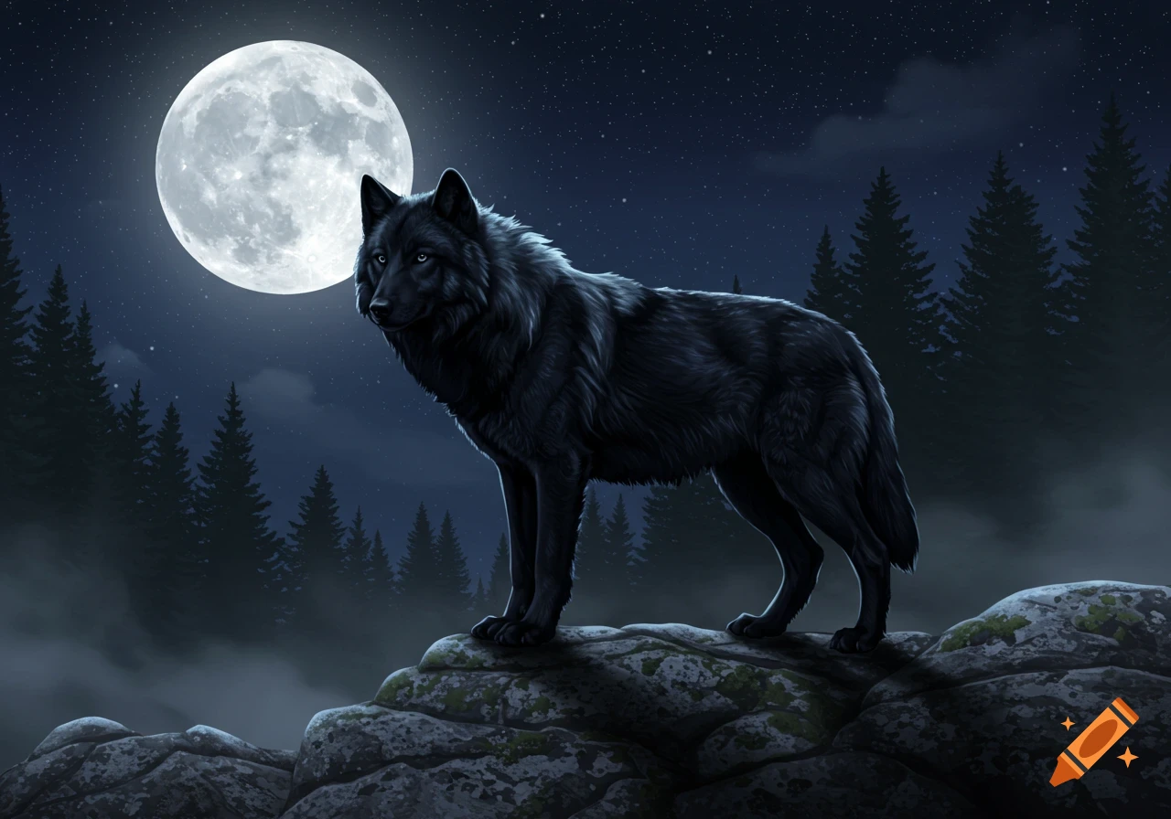 A majestic black wolf stands on a rocky outcrop under a large, bright full moon in a starry night sky, surrounded by dark pine trees and mist.