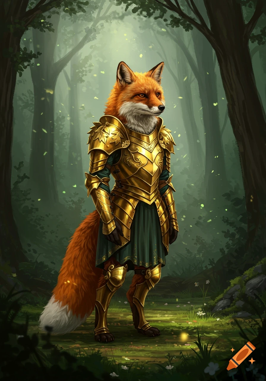 A majestic fox stands in a lush forest, wearing ornate golden armor.