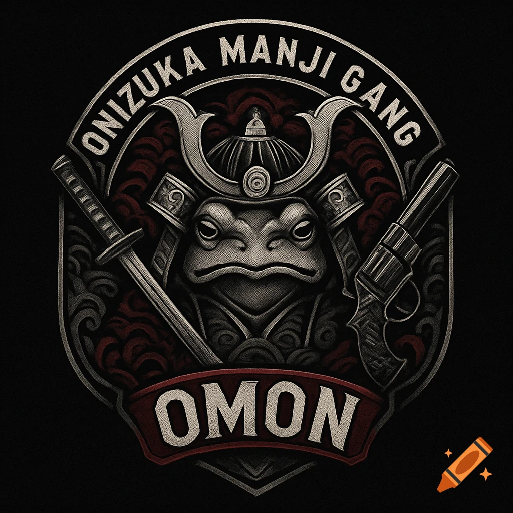 A crest logo featuring a stylized frog samurai wearing a helmet, flanked by a katana and a gun, with text 'ONIZUKA MANJI GANG' and 'OMON'. The design is in shades of red, black, and grey.