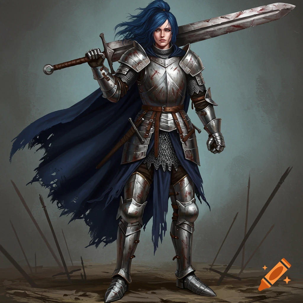 A formidable female knight in full plate armor with a greatsword on her shoulder, standing on a battlefield.