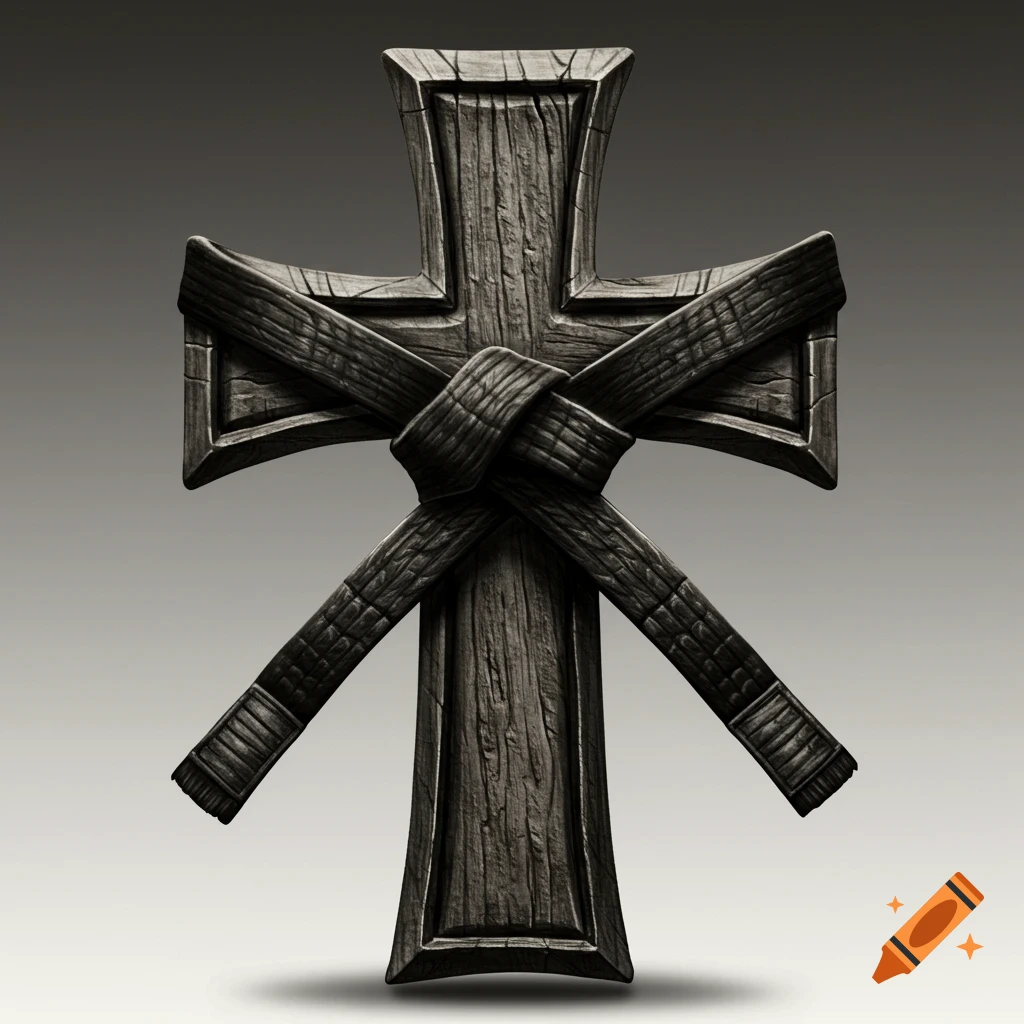 A detailed wooden cross with a black karate belt tied around it, against a plain background.