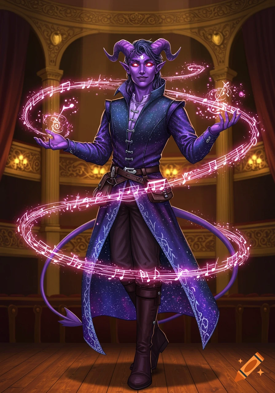 A purple-skinned male tiefling bard in a detailed purple coat, surrounded by swirling pink magical musical notes, stands on a wooden stage in a grand theater.