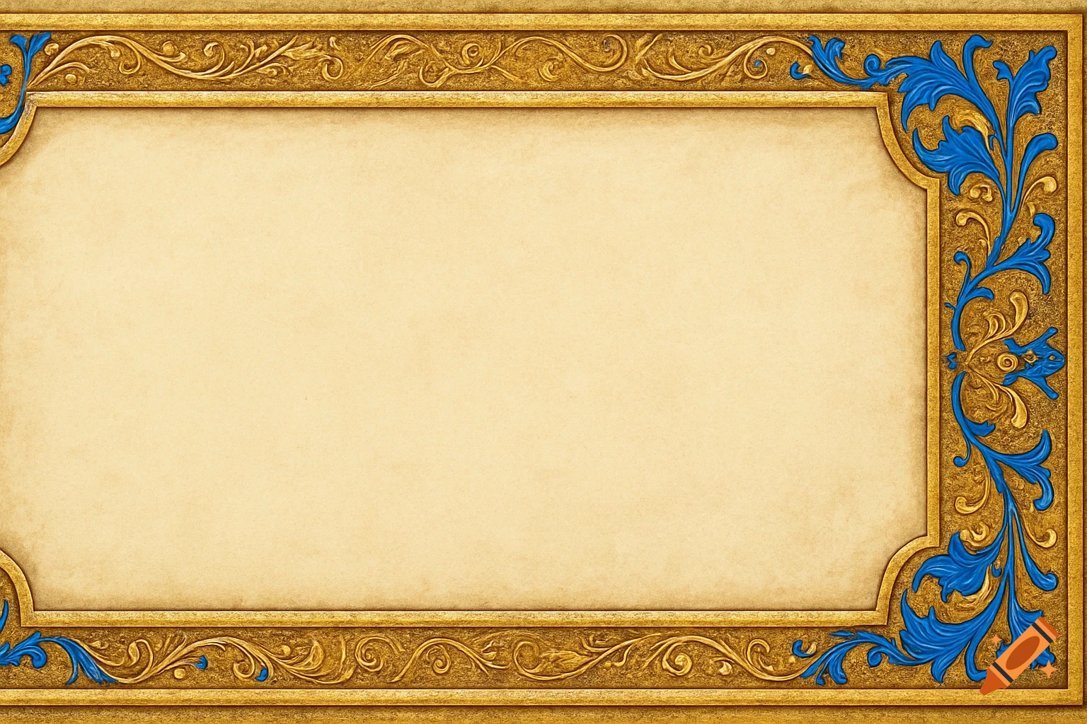 An ornate, wide horizontal frame with shimmering gold leaf filigree and blue and gold accents, surrounding a cream parchment background.