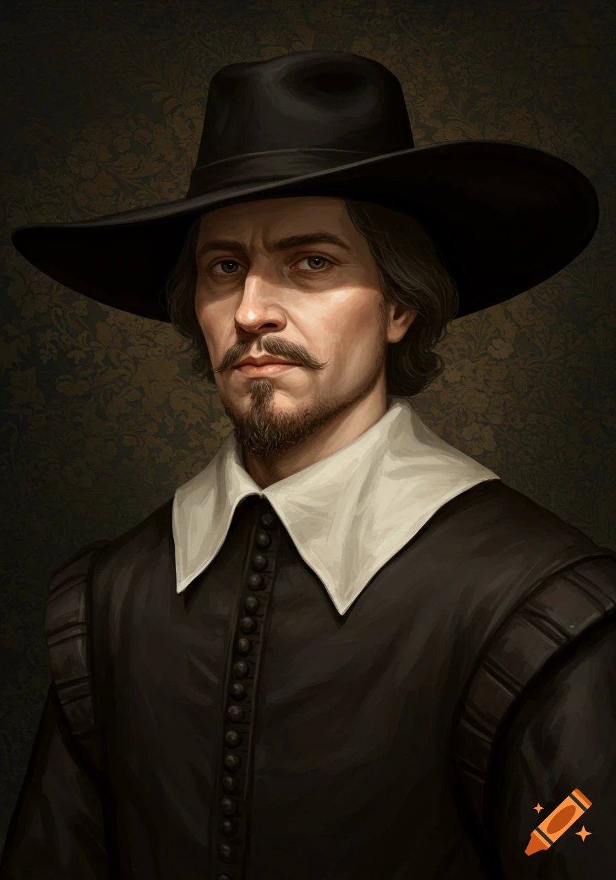 A portrait painting of a man with a mustache and goatee, wearing a black broad-brimmed hat and a black tunic with a white collar, in a 17th-century style.