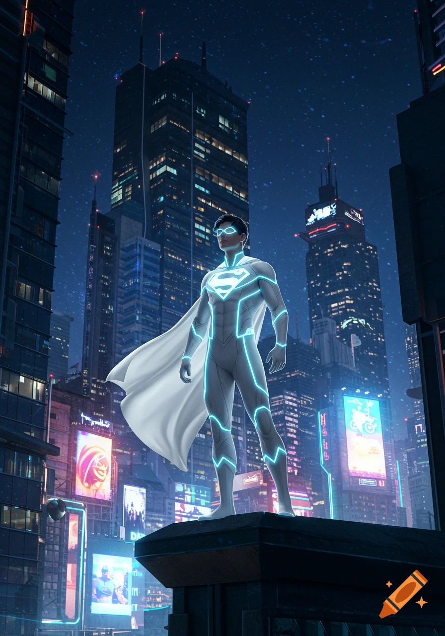 A superhero in a glowing white and blue suit and cape stands on a building overlooking a futuristic city at night.
