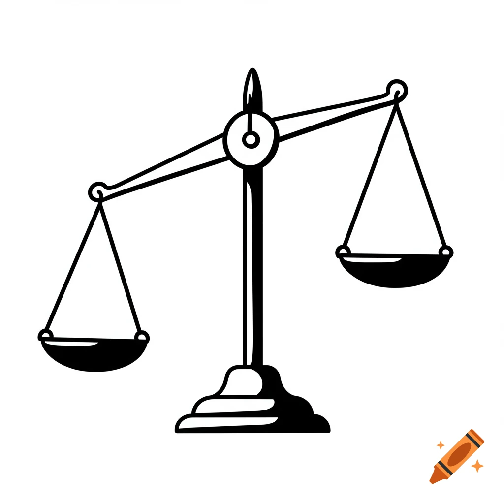 A simple black and white cartoon illustration of an unbalanced scale, with the left pan slightly lower than the right, against a white background.