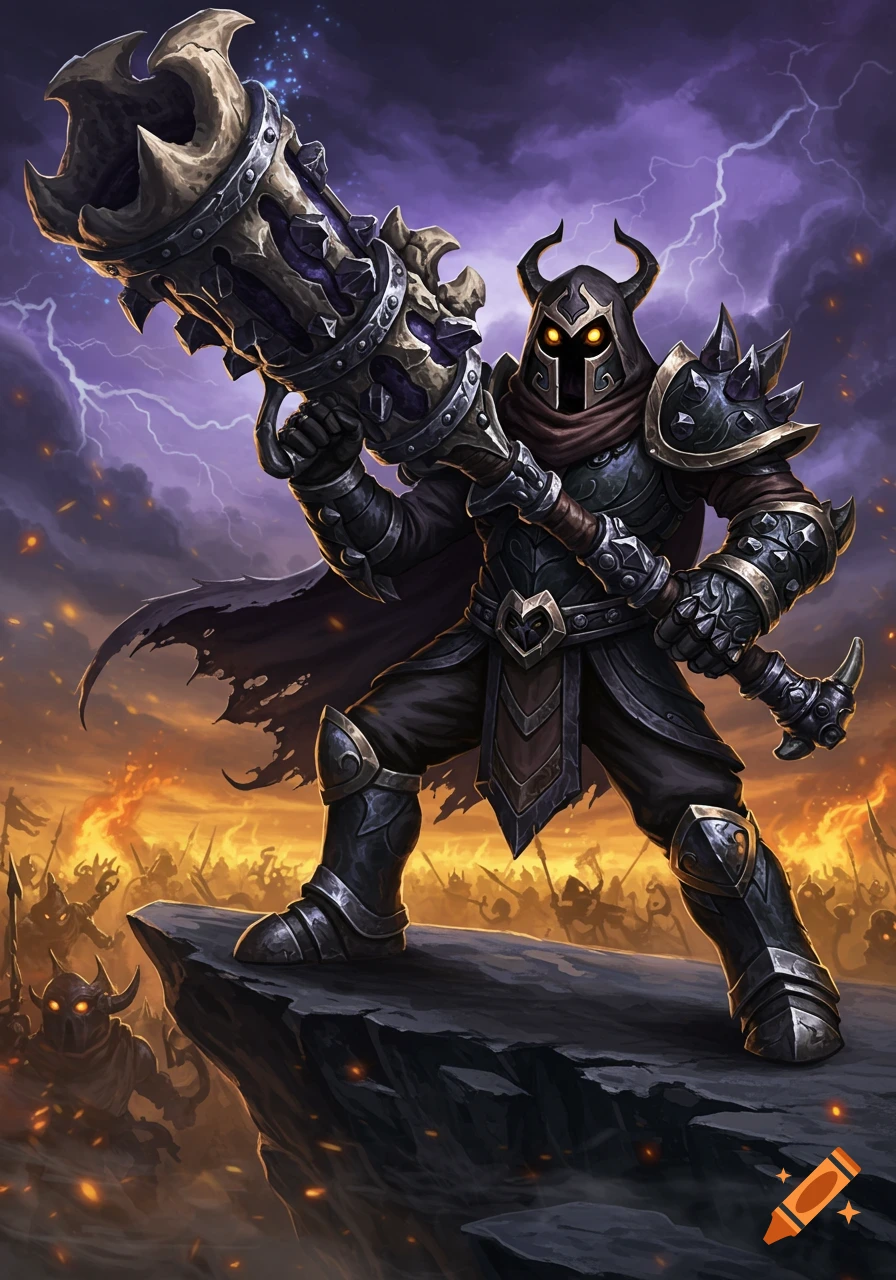 An armored warrior with glowing eyes stands on a cliff, holding a large cannon, amidst a stormy battle in a fantasy art style.