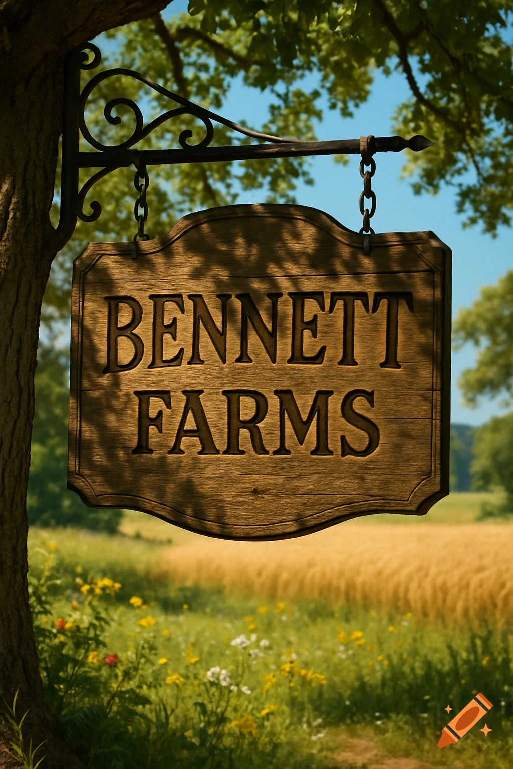 A rustic wooden sign for 'Bennett Farms' hangs from a tree, with a golden field and blue sky in the background.