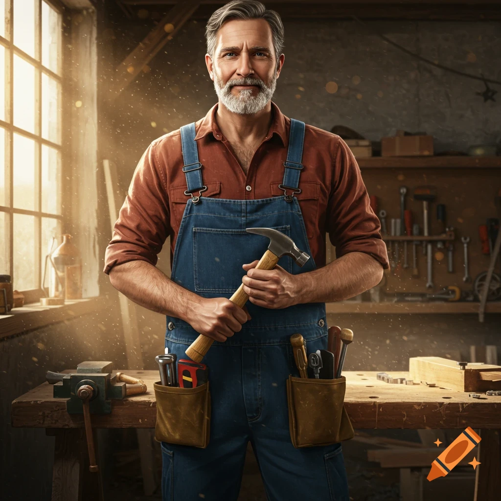A photorealistic image of a smiling middle-aged man with a beard, wearing overalls, holding a hammer in a sunlit workshop.