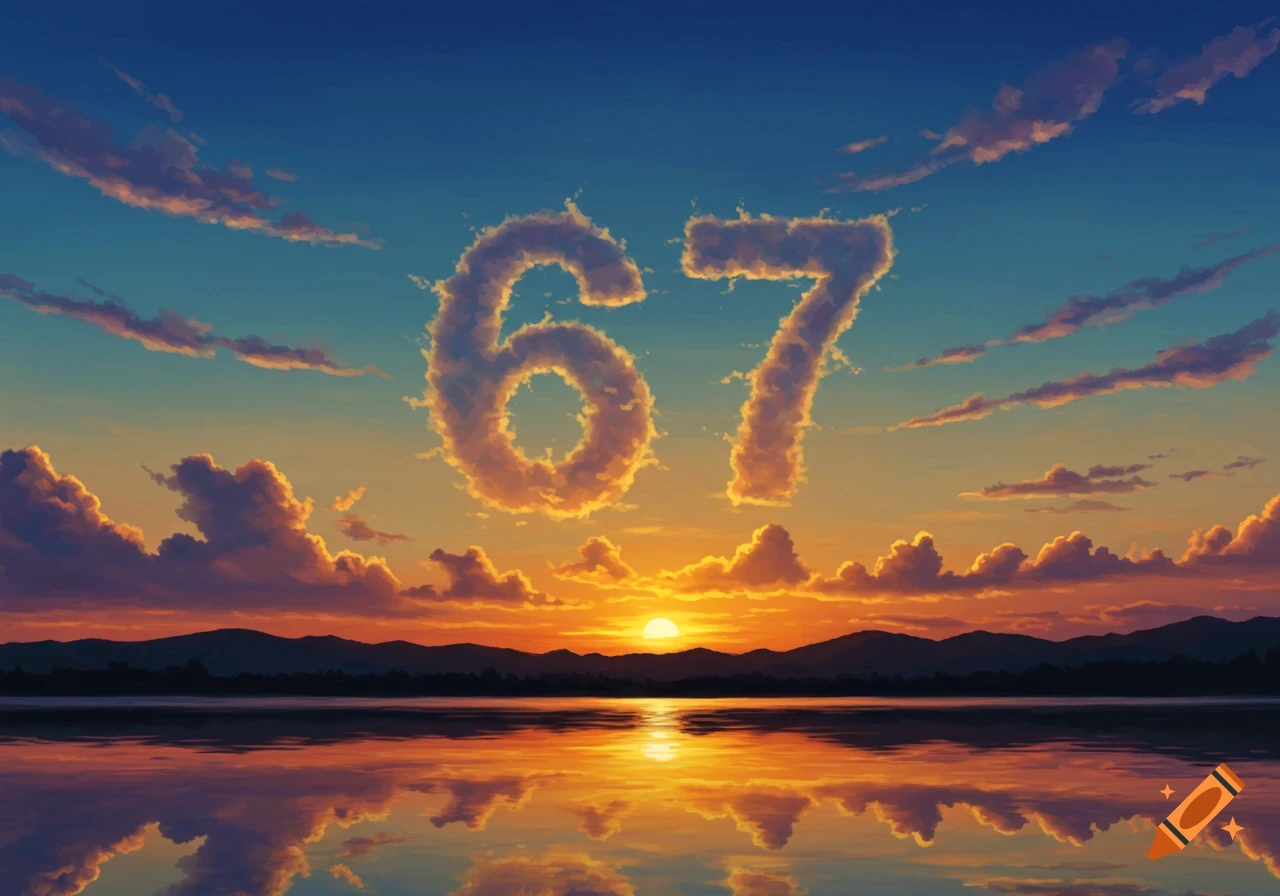 A beautiful sunset over a calm lake, with mountains silhouetted in the distance. Clouds shaped like the numbers '67' are in the sky, reflecting in the water.