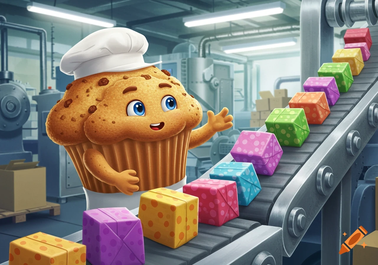 A cheerful cartoon muffin chef sorts colorful packages on a factory conveyor belt.
