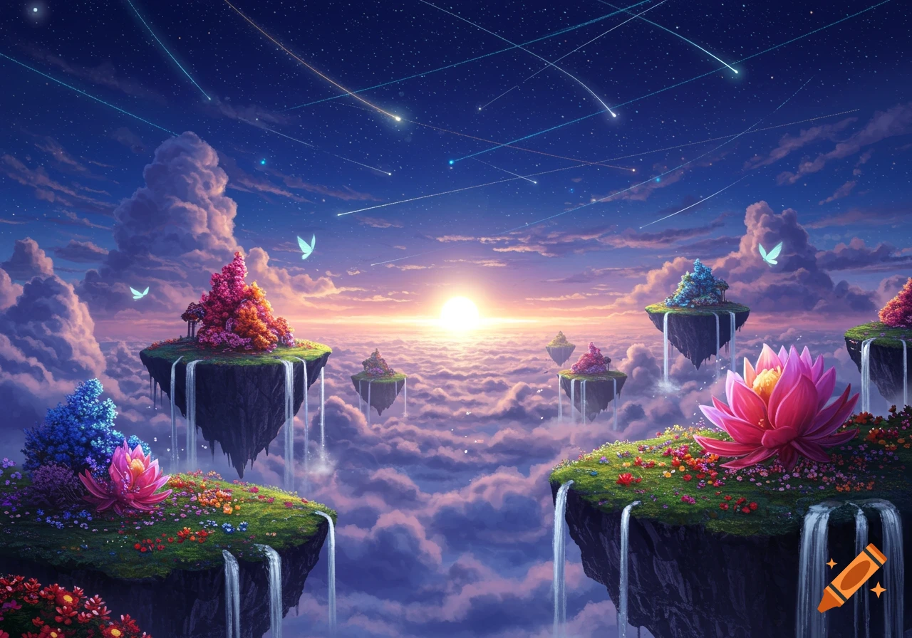 A vibrant fantasy landscape with floating islands, waterfalls, lush flowers, and butterflies under a starry sky with shooting stars.