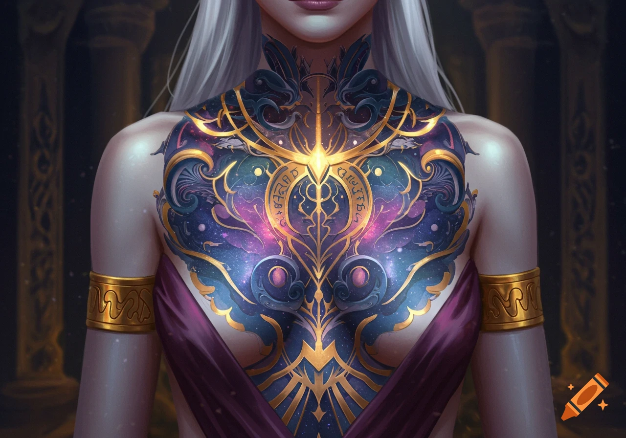 Close-up of a high priestess with white hair and a striking, ornate chest tattoo featuring a galaxy pattern with golden cosmic designs and glowing symbols.