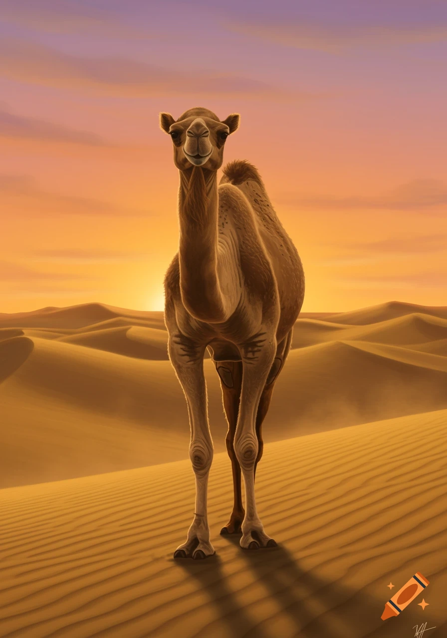 A majestic camel stands in a vast desert with dunes under a vibrant sunset sky.